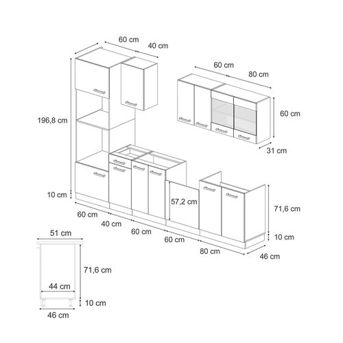 Cuisine R-line 47368 Béton Noir/chêne Doré 300cm Pt Marbre