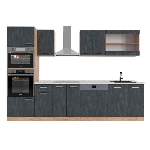Cuisine R-line 47368 Béton Noir/chêne Doré 300cm Pt Marbre