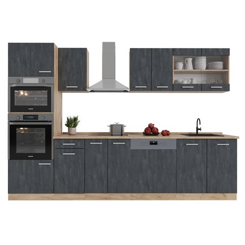 Cuisine R-line 47368 Béton Noir/chêne Doré 300cm Pt Marbre