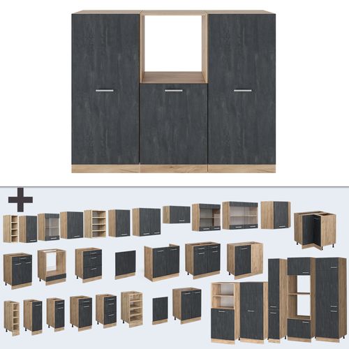 Bloc Cuisine R-line 47450 Béton Noir/chêne Doré 180cm Sans Pt