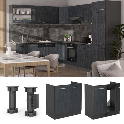 Meuble Bas Sous-évier R-line 47478 Béton Noir 80cm Sans Pt