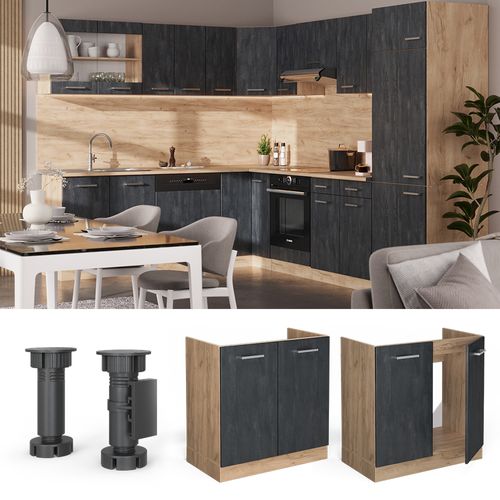 Meuble Bas Sous-évier R-line 47519 Béton Noir 80cm Sans Pt
