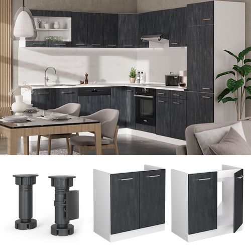 Meuble Bas Sous-évier R-line 47622 Béton Noir 80cm Sans Pt