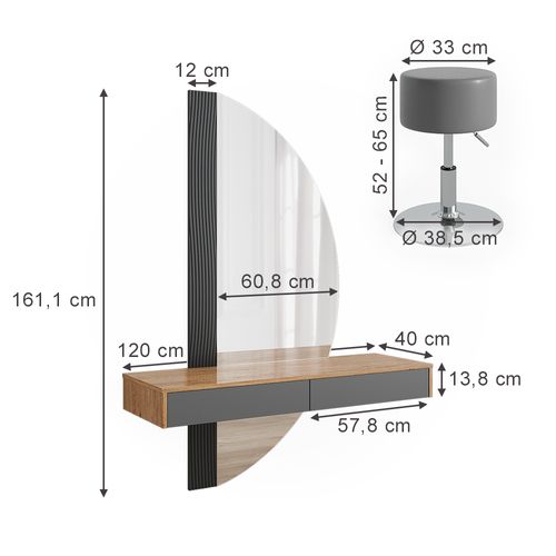 Coiffeuse Melisa 47689 Gris 120cm Avec Éclairage Et Tabouret