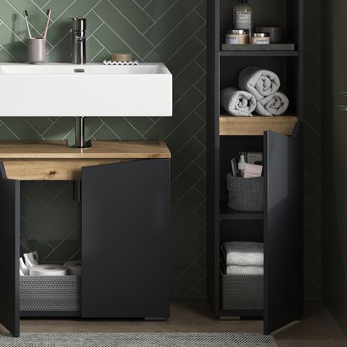 Colonne De Salle De Bain Marelle, Anthracite, 30x180cm Avec Portes, Et Compartiments Ouverts