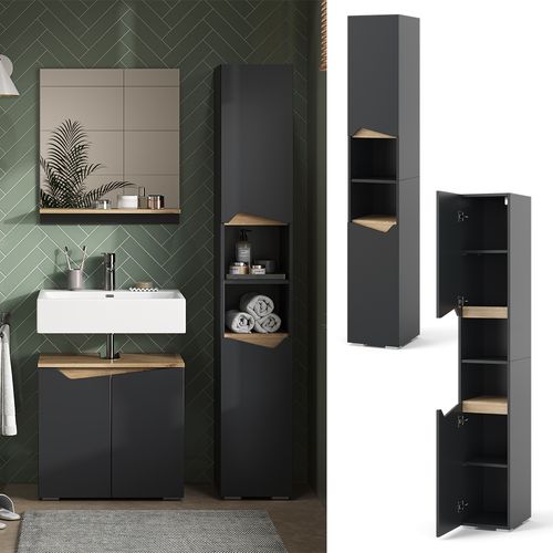 Colonne De Salle De Bain Marelle, Anthracite, 30x180cm Avec Portes, Et Compartiments Ouverts