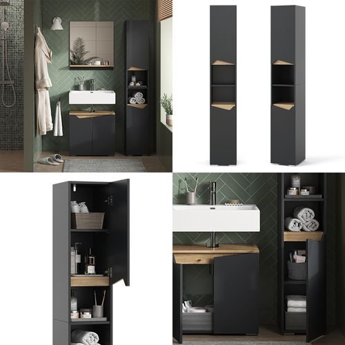 Colonne De Salle De Bain Marelle, Anthracite, 30x180cm Avec Portes, Et Compartiments Ouverts