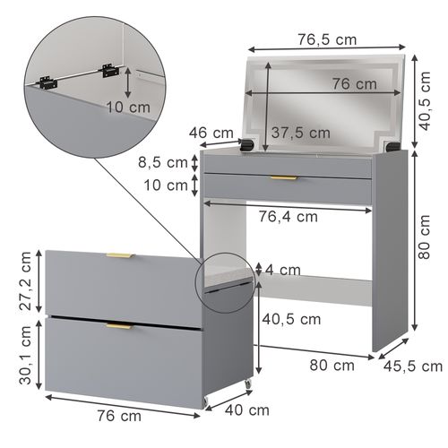Coiffeuse Wanja 42870 Gris 80cm Avec Banc Et Miroir LED