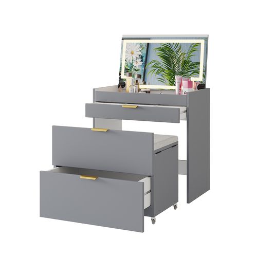 Coiffeuse Wanja 42870 Gris 80cm Avec Banc Et Miroir LED