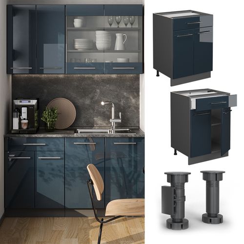 Meuble Cuisine Fame-line 48801 Bleu Foncé Brillant 60cm Avec Tiroir, Sans Pt