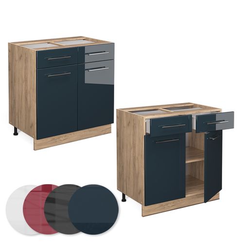 Meuble Cuisine Fame-line 48862 Bleu Foncé Brillant 80cm , Pt Chêne