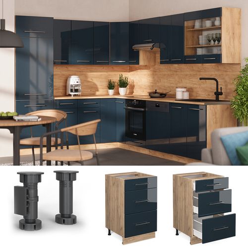 Meuble Cuisine Fame-line 48875 Bleu Foncé Brillant 50cm , Pt Marbre