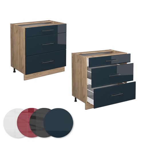 Meuble Cuisine Fame-line 48900 Bleu Foncé Brillant 80cm Avec 3 Tiroirs, Pt Chêne