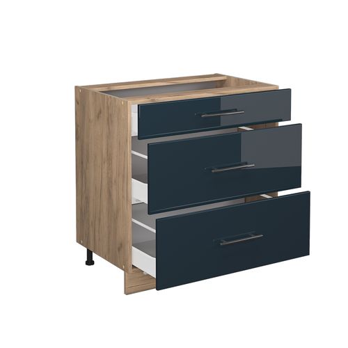 Meuble Cuisine Fame-line 48901 Bleu Foncé Brillant 80cm Avec 3 Tiroirs, Pt Marbre