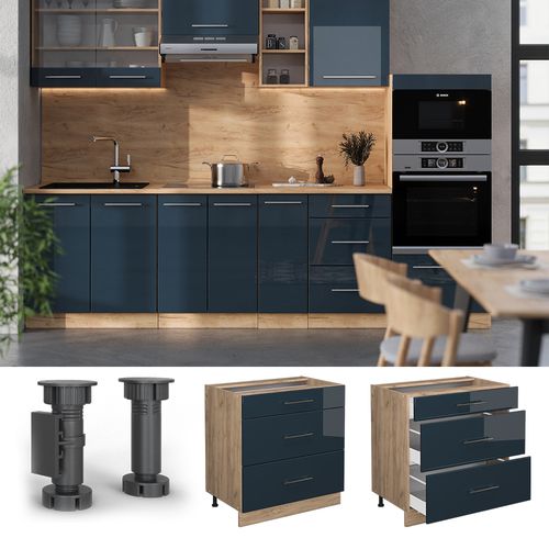 Meuble Cuisine Fame-line 48901 Bleu Foncé Brillant 80cm Avec 3 Tiroirs, Pt Marbre