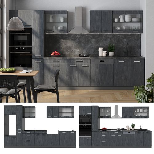 Cuisine Complète  R-line 49346 Noir Béton/anthracite 350cm , Pt Chêne