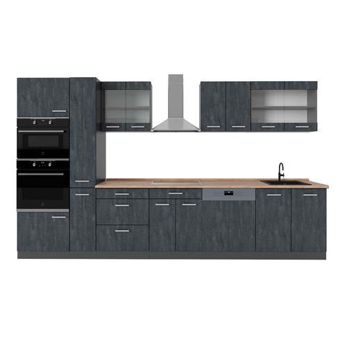 Cuisine Complète  R-line 49346 Noir Béton/anthracite 350cm , Pt Chêne