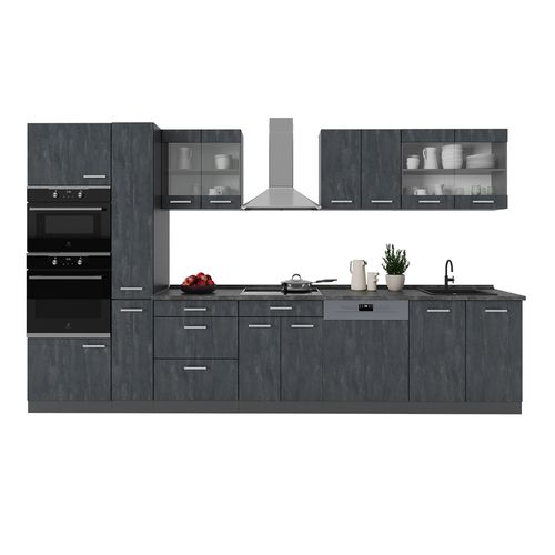Cuisine Complète  R-line 49346 Noir Béton/anthracite 350cm , Pt Chêne