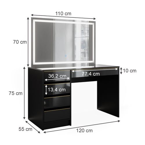 Coiffeuse Sherry 47713 Noir/or 120cm Avec Miroir LED