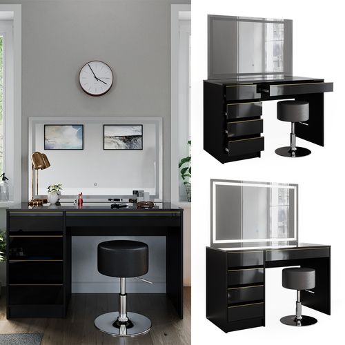 Coiffeuse Sherry 47714 Noir/or 120cm Avec Miroir LED Et Tabouret