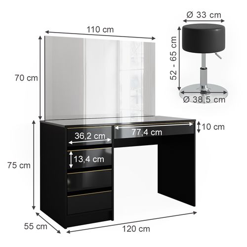 Coiffeuse Sherry 47714 Noir/or 120cm Avec Miroir LED Et Tabouret