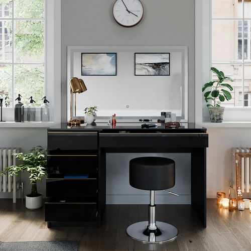 Coiffeuse Sherry 47714 Noir/or 120cm Avec Miroir LED Et Tabouret