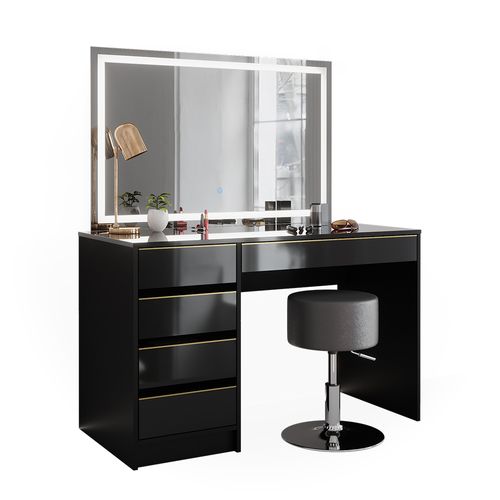 Coiffeuse Sherry 47714 Noir/or 120cm Avec Miroir LED Et Tabouret