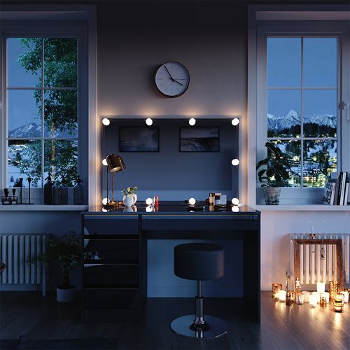 Coiffeuse Sherry 47717 Noir/or 120cm Avec Éclairage LED Et Tabouret