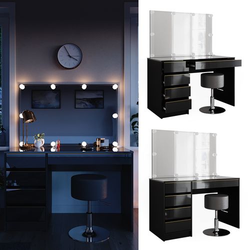 Coiffeuse Sherry 47717 Noir/or 120cm Avec Éclairage LED Et Tabouret