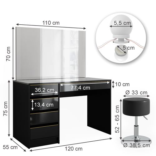 Coiffeuse Sherry 47717 Noir/or 120cm Avec Éclairage LED Et Tabouret