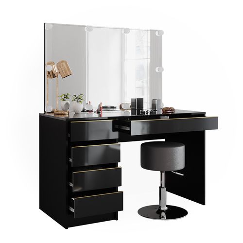 Coiffeuse Sherry 47717 Noir/or 120cm Avec Éclairage LED Et Tabouret
