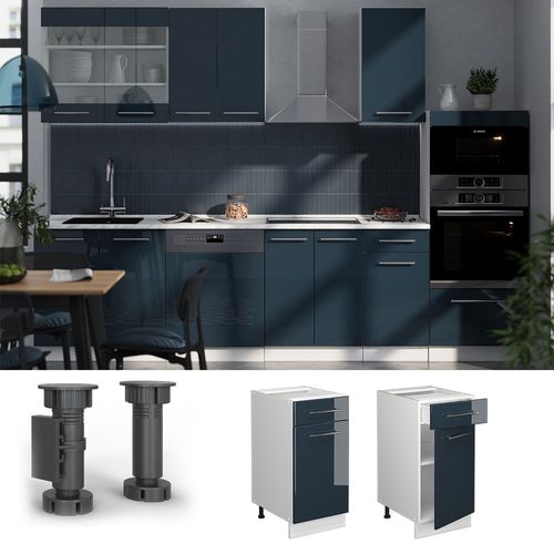 Meuble Cuisine Fame-line 49560 Bleu Foncé Brillant 40cm , Pt Chêne
