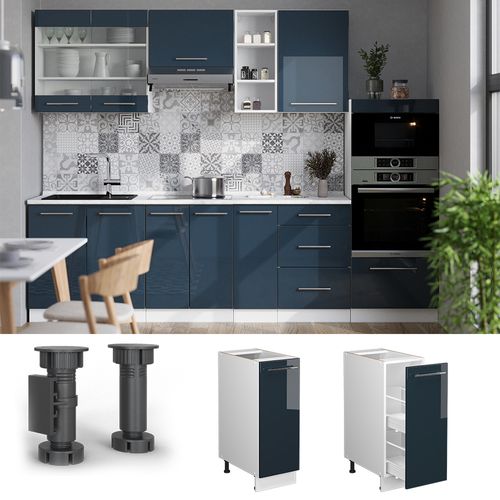 Meuble De Cuisine Fame-line 49577 Bleu Foncé Brillant 30cm , Pt Chêne