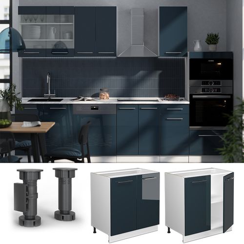 Meuble Bas Sous-évier Fame-line 49580 Bleu Foncé Brillant 80cm Avec Étagère, Sans Pt
