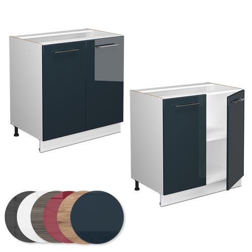 Meuble Bas Sous-évier Fame-line 49580 Bleu Foncé Brillant 80cm Avec Étagère, Sans Pt