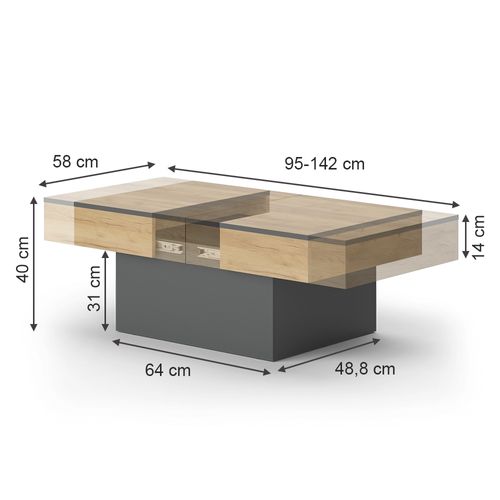 Table Basse Boto 47641 Anthracite/chêne Doré 95x58cm Extensible