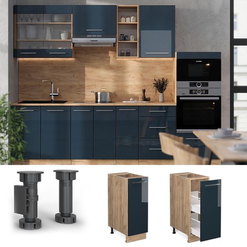 Meuble De Cuisine Fame-line 49633 Bleu Foncé Brillant 30cm , Pt Marbre