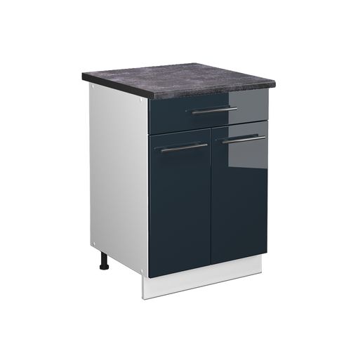 Meuble Cuisine Fame-line 49636 Bleu Foncé Brillant 60cm Avec Tiroir, Pt Anthracite