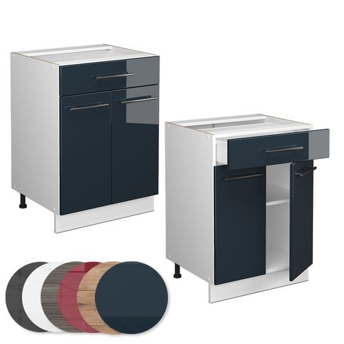 Meuble Cuisine Fame-line 49636 Bleu Foncé Brillant 60cm Avec Tiroir, Pt Anthracite