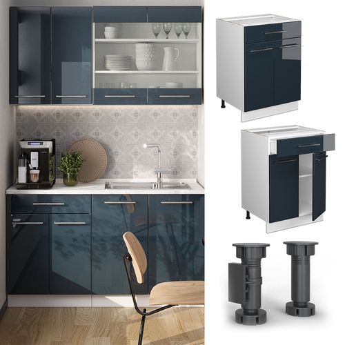 Meuble Cuisine Fame-line 49637 Bleu Foncé Brillant 60cm Avec Tiroir, Pt Chêne