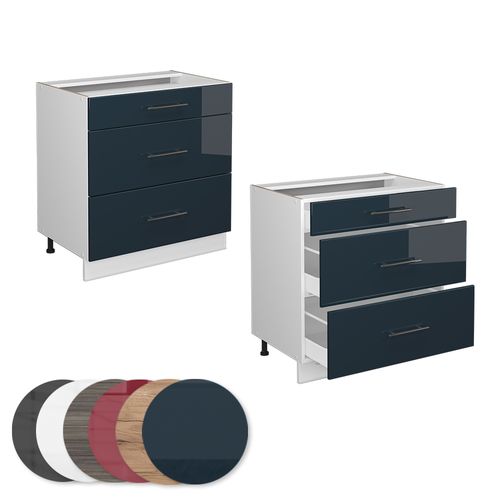 Meuble Cuisine Fame-line 49649 Bleu Foncé Brillant 80cm Avec 3 Tiroirs, Pt Anthracite