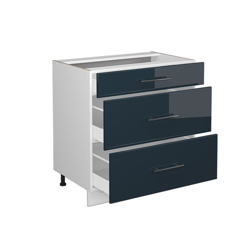 Meuble Cuisine Fame-line 49651 Bleu Foncé Brillant 80cm Avec 3 Tiroirs, Pt Marbre