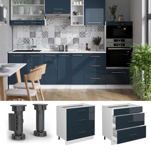 Meuble Cuisine Fame-line 49651 Bleu Foncé Brillant 80cm Avec 3 Tiroirs, Pt Marbre
