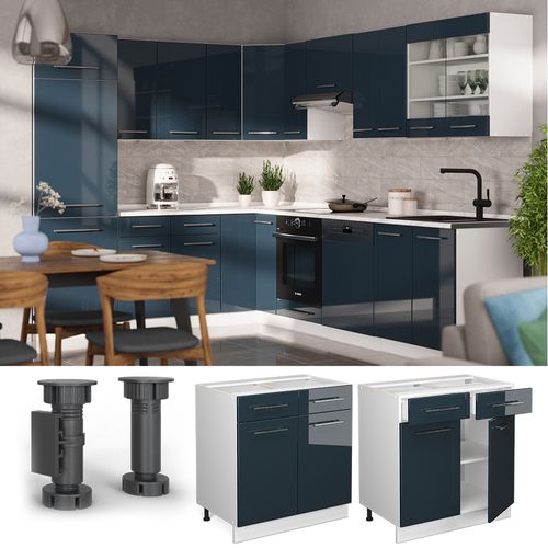 Meuble Cuisine Fame-line 49697 Bleu Foncé Brillant 80cm Sans Pt
