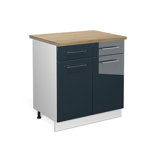 Meuble Cuisine Fame-line 49699 Bleu Foncé Brillant 80cm , Pt Chêne