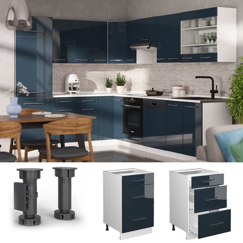Meuble Cuisine Fame-line 49711 Bleu Foncé Brillant 50cm , Pt Anthracite