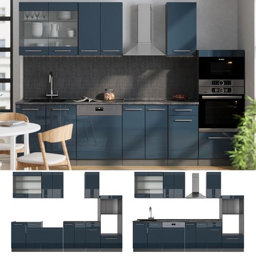 Cuisine Fame-line 49722 Bleu Foncé Brillant/anthracite 300cm Avec Armoire Haute, Sans Pt
