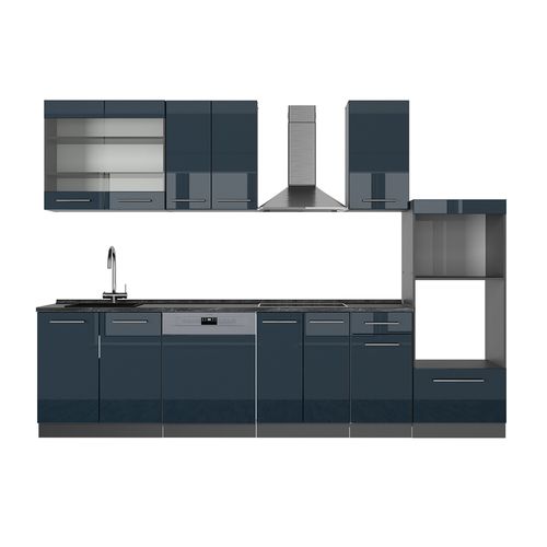 Cuisine Fame-line 49722 Bleu Foncé Brillant/anthracite 300cm Avec Armoire Haute, Sans Pt