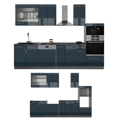 Cuisine Fame-line 49722 Bleu Foncé Brillant/anthracite 300cm Avec Armoire Haute, Sans Pt