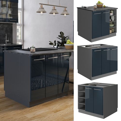 Îlot De Cuisine Fame-line 49752 Bleu Foncé Brillant/anthracite 90cm Sans Pt